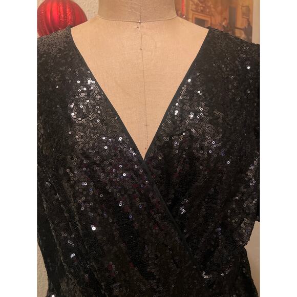 Black Sparkly Sequin V-neck Ruffle Sleeve Tiered Dress Size 4XL - Picture 4 of 12